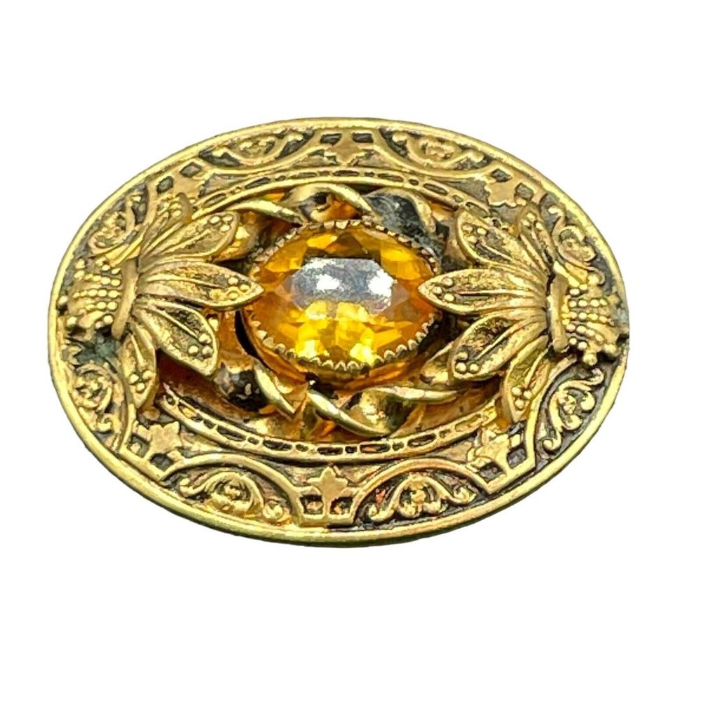 Antique Egyptian Brooch Gold Gilt Citrine Oval Faceted Glass Art Deco 1920s